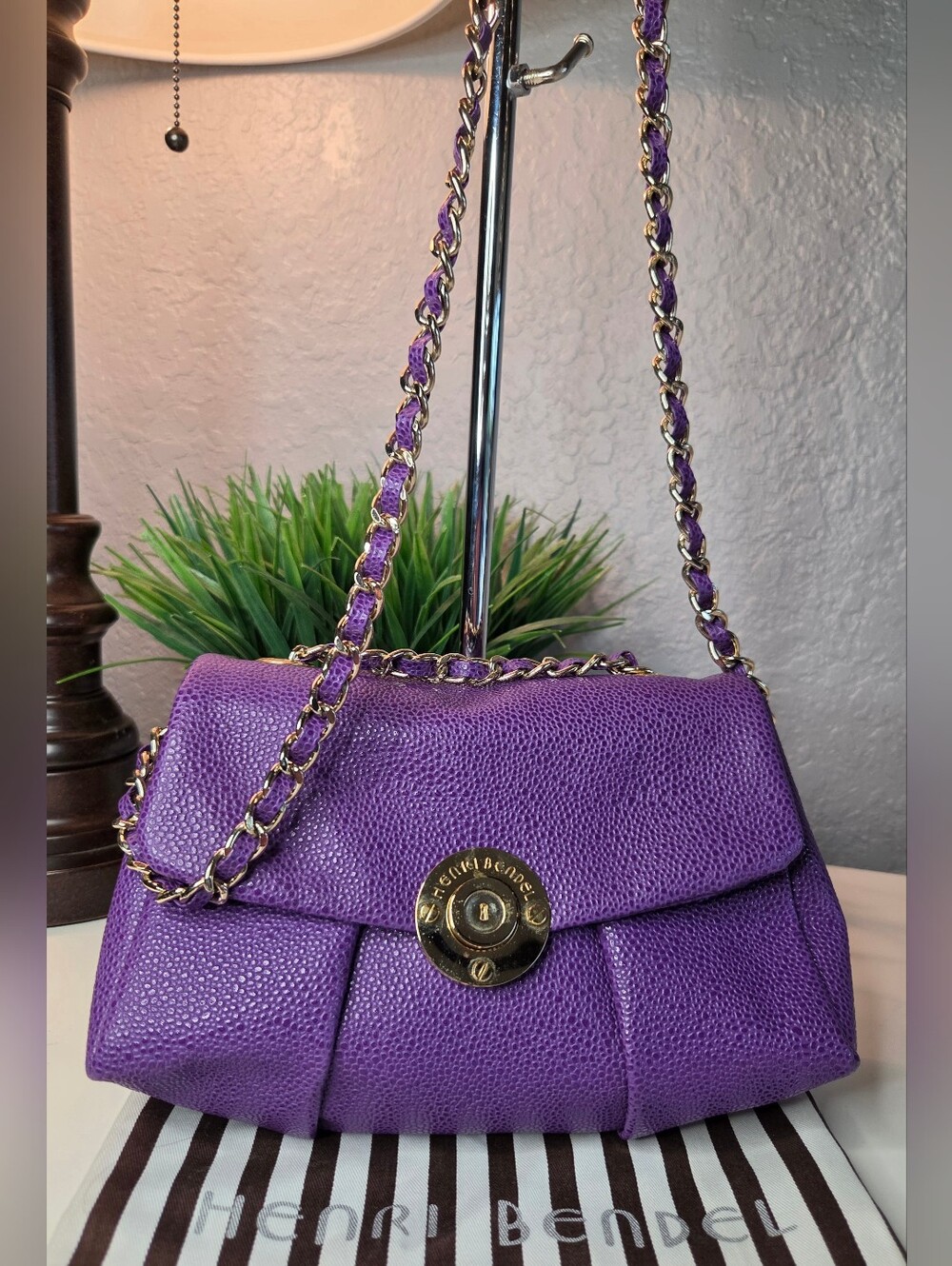 Henri Bendel Milliner Purple Pebbled Leather Chain Crossbody Shoulder Bag